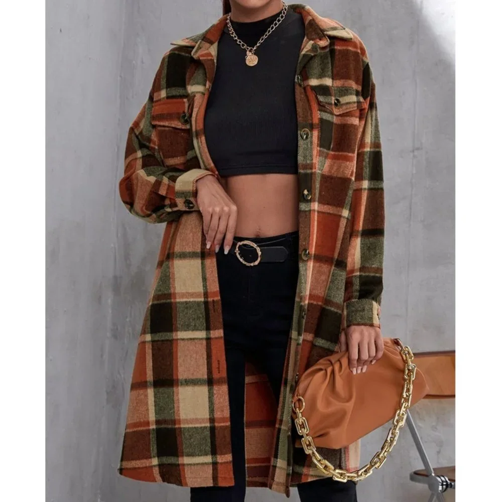 Casual Plaid Print Flap Pocket button down Duster Jacker Coat - Picture 2 of 7